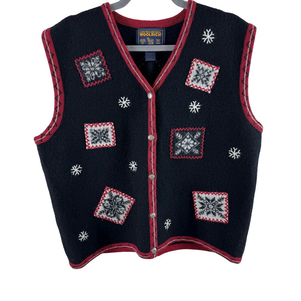 Vintage Woolrich Wool Button Front V-Neck Winter Themed Sweater‎ Vest Size XL
